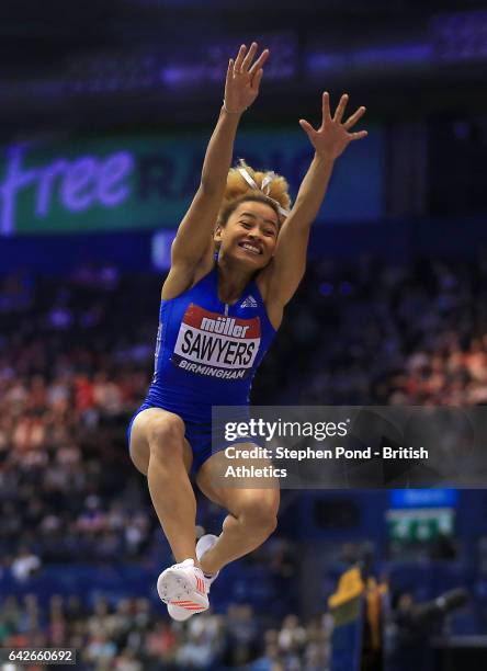 Jazmin Sawyers of Great Britain in the women's long jump during the Muller Indoor Grand Prix 2017 at the Barclaycard Arena on February 18, 2017 in...