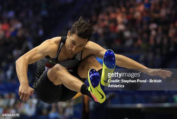 Fabrice Lapierre of Australia in the mens long jump during the Muller Indoor Grand Prix 2017 at the Barclaycard Arena on February 18, 2017 in...