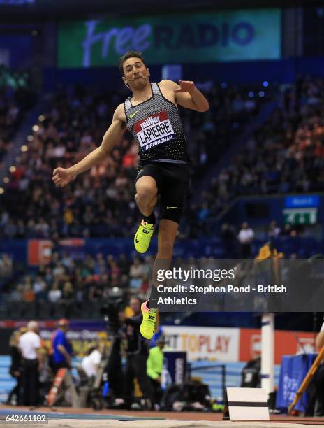 Fabrice Lapierre of Australia in the mens long jump during the Muller Indoor Grand Prix 2017 at the Barclaycard Arena on February 18, 2017 in...