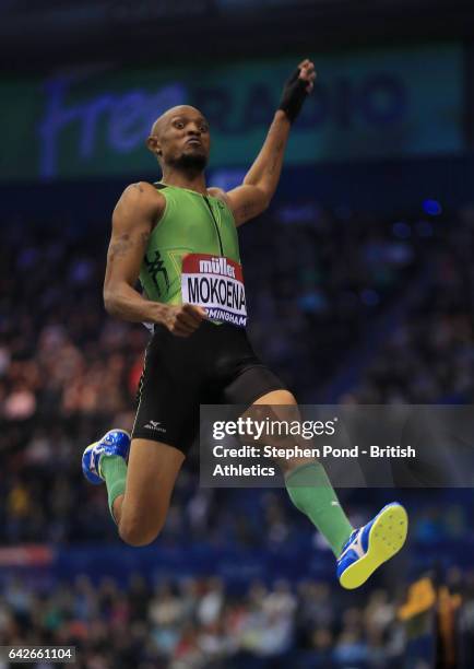 Godfrey Mokoena of South Africa in the mens long jump during the Muller Indoor Grand Prix 2017 at the Barclaycard Arena on February 18, 2017 in...