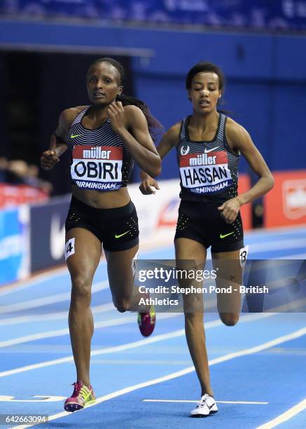 Hellen Obiri of Kenya and Sifan Hassan of Netherlands in the womens 3000m during the Muller Indoor Grand Prix 2017 at the Barclaycard Arena on...