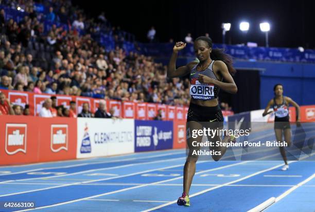 Hellen Obiri of Kenya wins the womens 3000m during the Muller Indoor Grand Prix 2017 at the Barclaycard Arena on February 18, 2017 in Birmingham,...