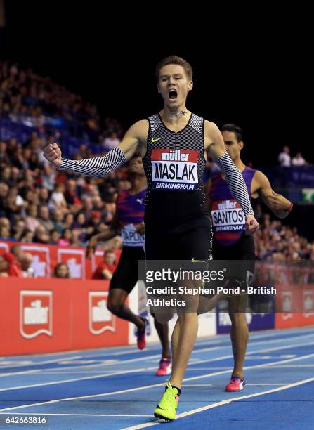 Pavel Maslak of Czech Republic wins the mens 400m during the Muller Indoor Grand Prix 2017 at the Barclaycard Arena on February 18, 2017 in...