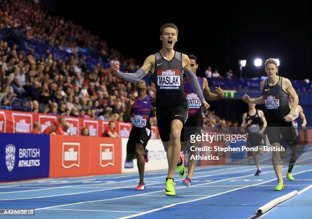 Pavel Maslak of Czech Republic wins the mens 400m during the Muller Indoor Grand Prix 2017 at the Barclaycard Arena on February 18, 2017 in...