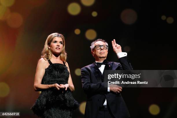 Anke Engelke and Dieter Kosslick speak on stage at the closing ceremony of the 67th Berlinale International Film Festival Berlin at Berlinale Palace...