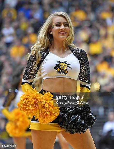 Wichita State Shockers cheerleader performs during a game against the Northern Iowa Panthers on February 18, 2017 at Charles Koch Arena in Wichita,...