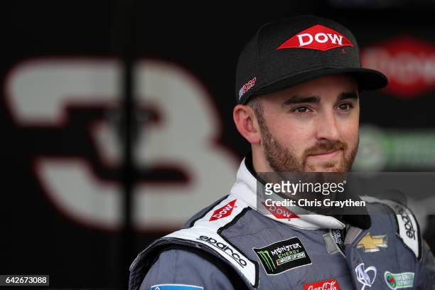 Austin Dillon, driver of the DOW Chevrolet, looks on during practice for the Monster Energy NASCAR Cup Series 59th Annual DAYTONA 500 at Daytona...