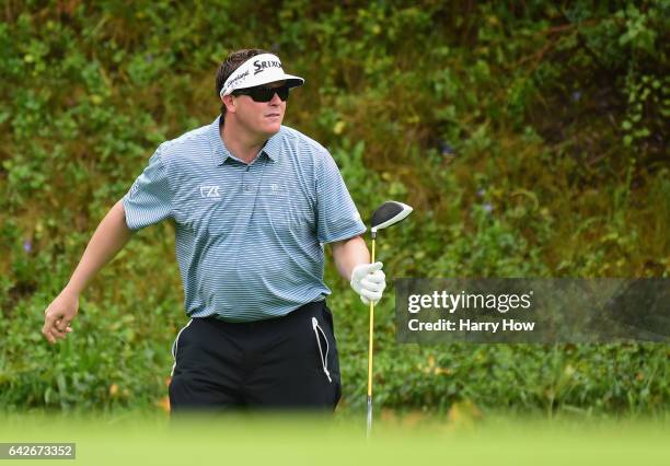 Charlie Beljan plays his shot from the 13th tee during a continuation of the second round at the Genesis Open at Riviera Country Club on February 18,...