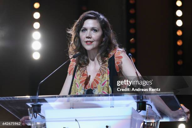 Jury member Maggie Gyllenhaal speaks on stage during the closing ceremony of the 67th Berlinale International Film Festival Berlin at Berlinale...