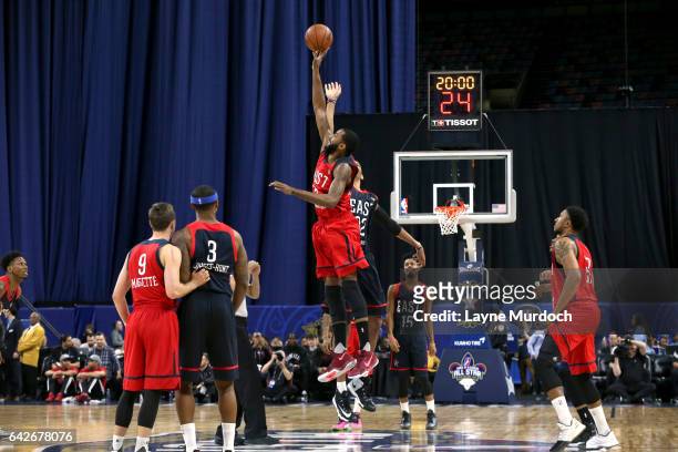 Keith Benson of the West Team and Edy Tavares of the East Team compete for the opening tip-off during the NBA D-League All-Star Game presented by...