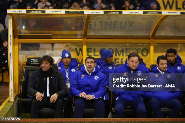 Chelsea Head Coach / Manager Antonio Conte and the Chelsea bench look on during the Emirates FA Cup Fifth Round match between Wolverhampton Wanderers...