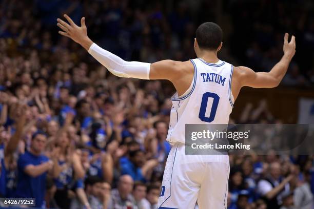 Jayson Tatum of the Duke Blue Devils reacts during their game against the Wake Forest Demon Deacons at Cameron Indoor Stadium on February 18, 2017 in...