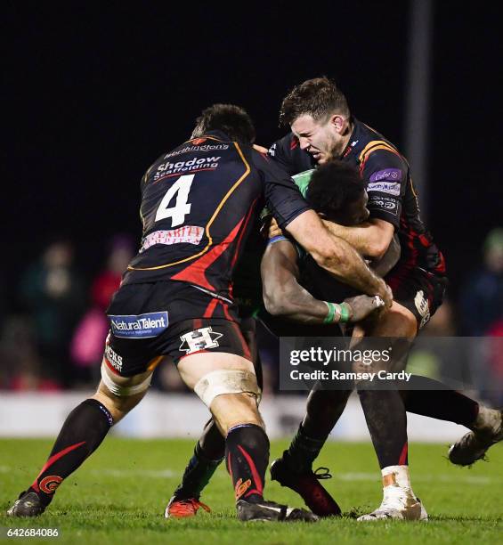 Galway , Ireland - 18 February 2017; Niyi Adeolokun of Connacht is tackled by Nick Crosswell, left, and Elliot Dee of Newport Gwent Dragons during...