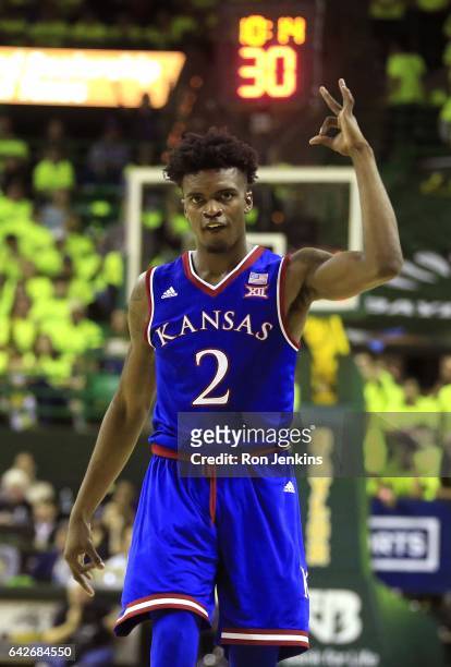 Lagerald Vick of the Kansas Jayhawks celebrates as Kansas plays the Baylor Bears in the second half at the Ferrell Center on February 18, 2017 in...