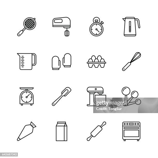 bakery equipment icons - line - making a cake stock illustrations