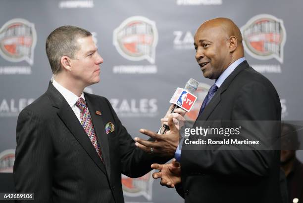 Naismith Memorial Basketball Hall of Fame finalist Sidney Moncrief is interviewed during the 2017 Naismith Memorial Basketball Hall of Fame...