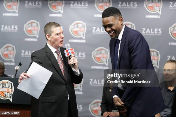 Naismith Memorial Basketball Hall of Fame finalist Chris Webber is interviewed during the 2017 Naismith Memorial Basketball Hall of Fame announcement...