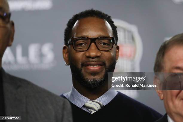 Naismith Memorial Basketball Hall of Fame finalist Tracy McGrady looks on during the 2017 Naismith Memorial Basketball Hall of Fame announcement at...