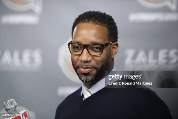 Naismith Memorial Basketball Hall of Fame finalist Tracy McGrady looks on during the 2017 Naismith Memorial Basketball Hall of Fame announcement at...