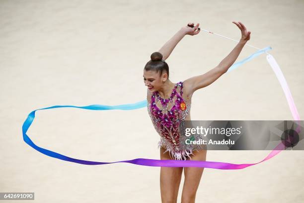 Aleksandra Soldatova of Russia performs during the International Rhythmic Gymnastics Championship at the Alina Cup Grand Prix 2017 event in Moscow,...