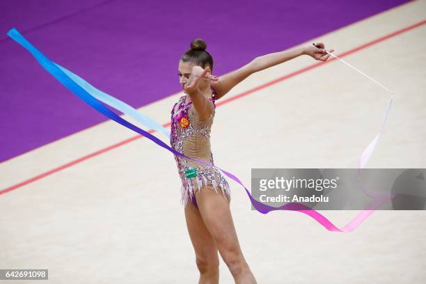Aleksandra Soldatova of Russia performs during the International Rhythmic Gymnastics Championship at the Alina Cup Grand Prix 2017 event in Moscow,...