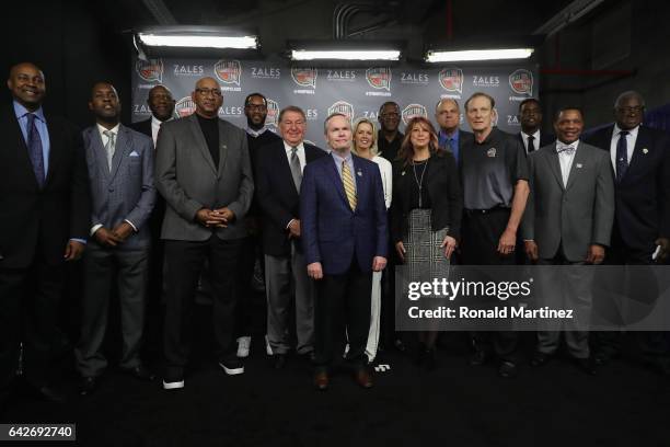 Naismith Memorial Basketball Hall of Fame finalists pose for a picture during the 2017 Naismith Memorial Basketball Hall of Fame announcement at...