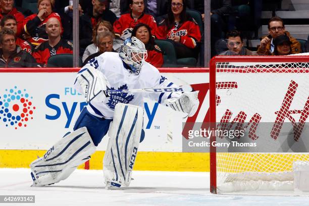 Jonas Enroth of the Toronto Maple Leafs skates against the Calgary Flames during an NHL game on November 30, 2016 at the Scotiabank Saddledome in...