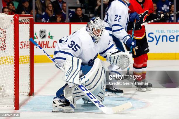 Jonas Enroth of the Toronto Maple Leafs skates against the Calgary Flames during an NHL game on November 30, 2016 at the Scotiabank Saddledome in...