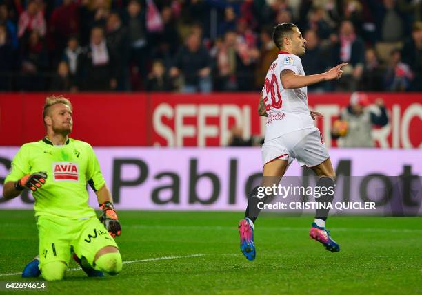 Sevilla's midfielder Vitolo celebrates after scoring during the Spanish league football match Sevilla FC vs SD Eibar on February 18, 2017. Sevilla...