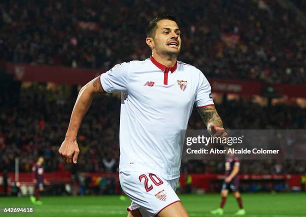 Victor Machin Perez "Vitolo" of Sevilla FC celebrates after scoring the second goal fo Sevilla FC during the La Liga match between Sevilla FC and SD...