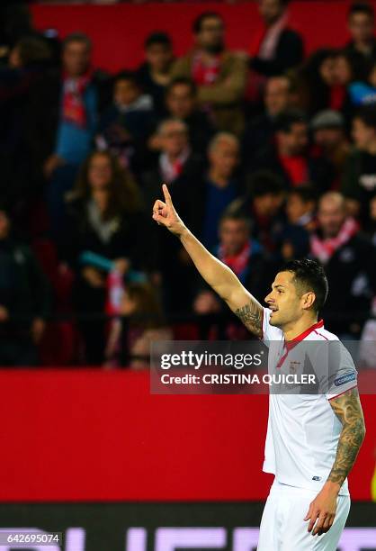 Sevilla's midfielder Vitolo celebrates after scoring during the Spanish league football match Sevilla FC vs SD Eibar on February 18, 2017. Sevilla...