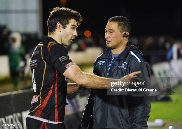 Galway , Ireland - 18 February 2017; Connacht head coach Pat Lam in conversation with Nick Crosswell of Newport Gwent Dragons after the Guinness...