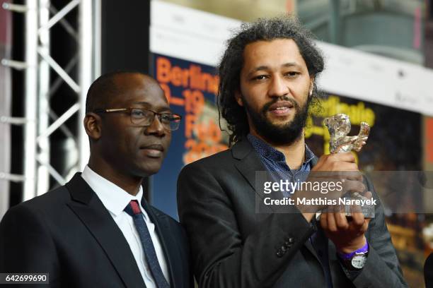 Producer Oumar Sall and film director Alain Gomis of the movie Felicite, which won the Silver Bear Grand Jury Prize, attend the award winners press...