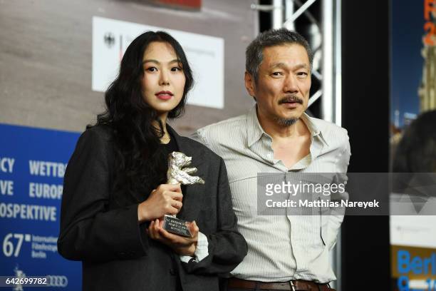 Actress Kim Min-hee, winner of the Silver Bear award for best actress award, and director Hong Sangsoo attend the award winners press conference...