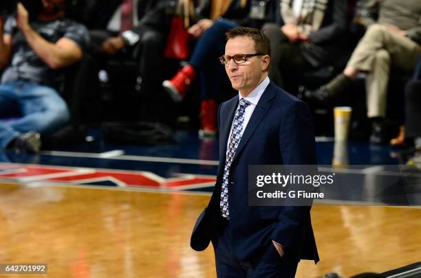 Scott Brooks of the Washington Wizards watches the game against the Oklahoma City Thunder at Verizon Center on February 13, 2017 in Washington, DC.