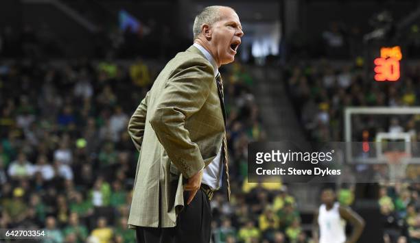 Head coach Tad Boyle of the Colorado Buffaloes yells out to his team during the second half of the game against the Oregon Ducks at Matthew Knight...