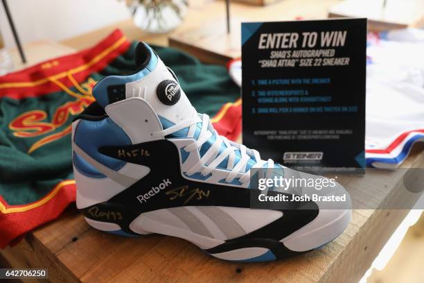 Signed size 22 Reebok Shaq Attaq sneaker on display as Reebok Classic and Shaquille O'Neal launch the new Shaq Attaq x Sneaker Politics shoe on...