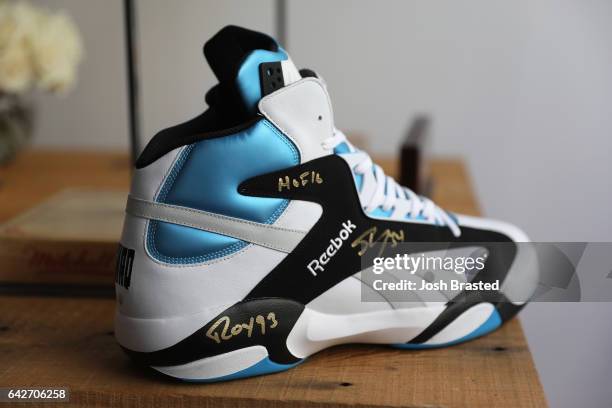 Signed size 22 Reebok Shaq Attaq sneaker on display as Reebok Classic and Shaquille O'Neal launch the new Shaq Attaq x Sneaker Politics shoe on...