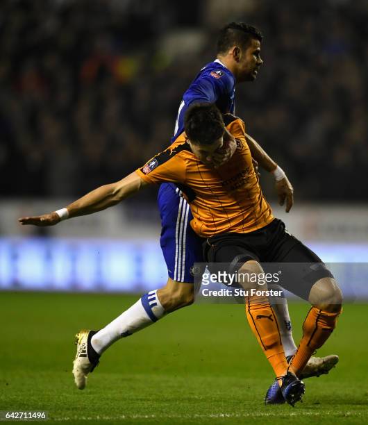 Chelsea striker Diego Costa and Wolves player Danny Batth in action during The Emirates FA Cup Fifth Round match between Wolverhampton Wanderers and...