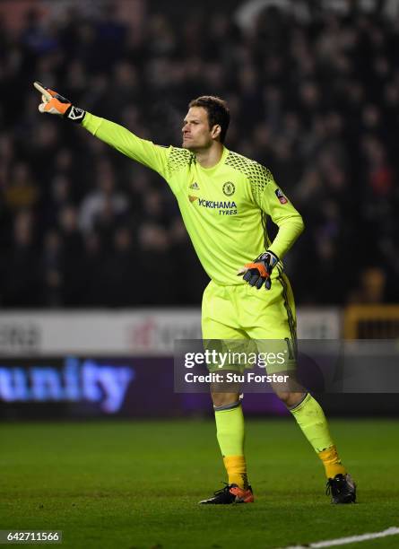 Chelsea goalkeeper Asmir Begovic reacts during The Emirates FA Cup Fifth Round match between Wolverhampton Wanderers and Chelsea at Molineux on...