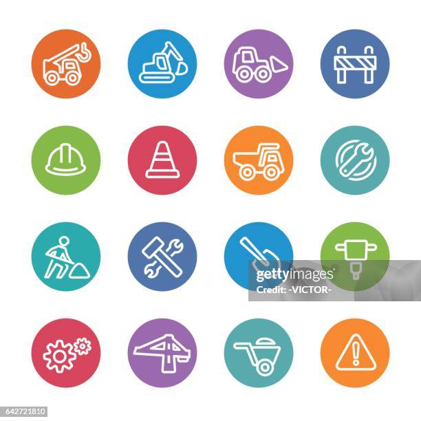 ilustraciones, imágenes clip art, dibujos animados e iconos de stock de bajo los iconos de la construcción - línea serie del círculo - señal-de-obras-en-la-vía