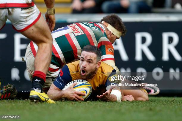 Alby Mathewson of Bristol Rugby reacts during the Aviva Premiership match between Leicester Tigers and Bristol Rugby at Welford Road on February 18,...