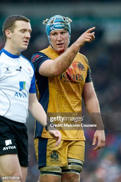 Jordan Crane of Bristol Rugby makes point to referee Thomas Foley during the Aviva Premiership match between Leicester Tigers and Bristol Rugby at...