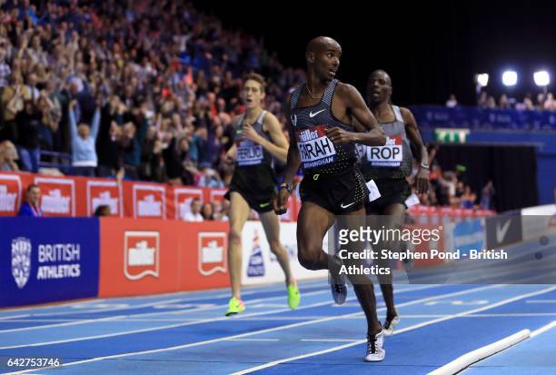 Sir Mo Farah in action in the mens 5000m during the Muller Indoor Grand Prix 2017 at the Barclaycard Arena on February 18, 2017 in Birmingham,...