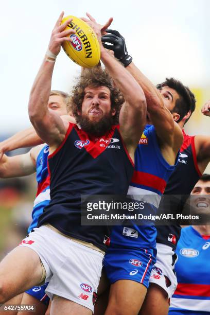 Jake Spencer of the Demons marks the ball against Tom Campbell of the Bulldogs during the 2017 JLT Community Series match between the Western...