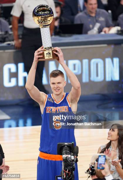 Kristaps Porzingis of the New York Knicks celebrates after winning the 2017 Taco Bell Skills Challenge at Smoothie King Center on February 18, 2017...