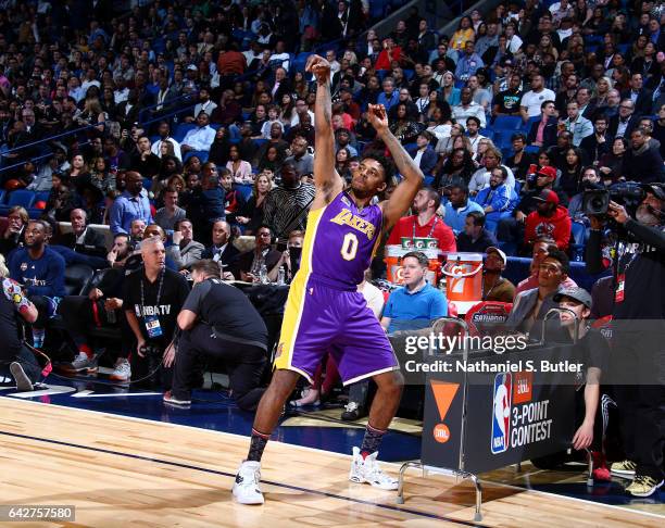 Nick Young of the Los Angeles Lakers reacts during the JBL Three-Point Contest during State Farm All-Star Saturday Night as part of the 2017 NBA...