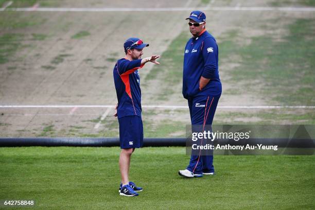 Head Coach Mike Hesson and Batting Coach Craig McMillan of New Zealand inspect the ground ahead of the First One Day International match between New...