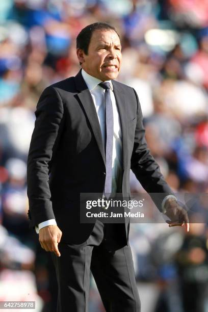 Jose Cruz, coach of Atlas shouts instructions to his players during a match between Cruz Azul against Atlas the Clausura Tournament 2017 league...