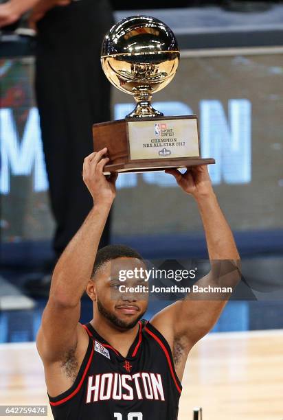 Eric Gordon of the Houston Rockets celebrates after winning the 2017 JBL Three-Point Contest at Smoothie King Center on February 18, 2017 in New...